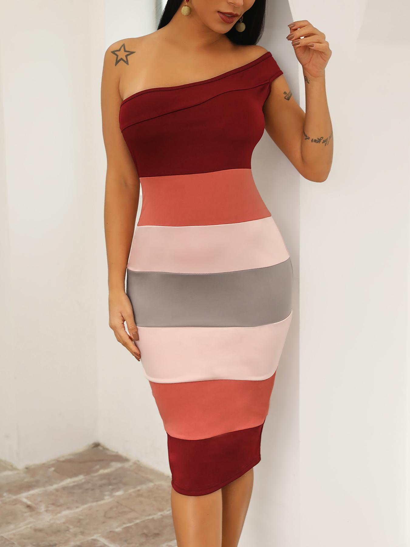 

Striped Patchwork One Shoulder Bodycon Dress