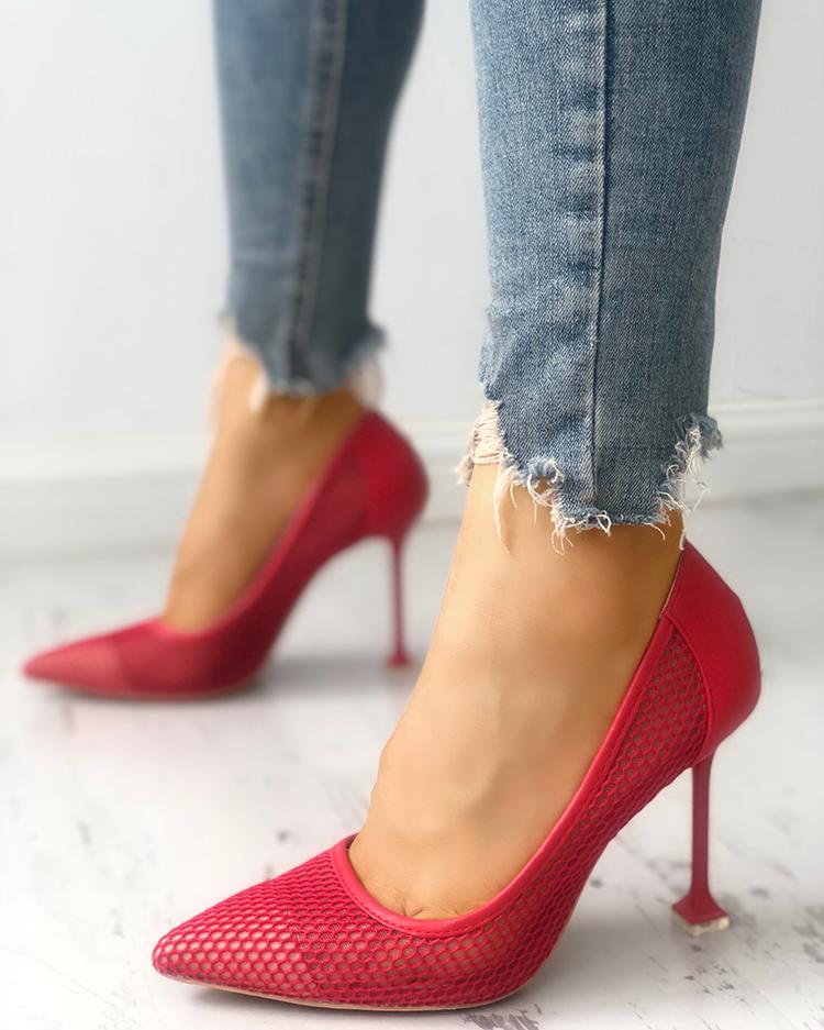 

Fishnet Splicing Pointed Toe Thin Heeled Sandals, Red