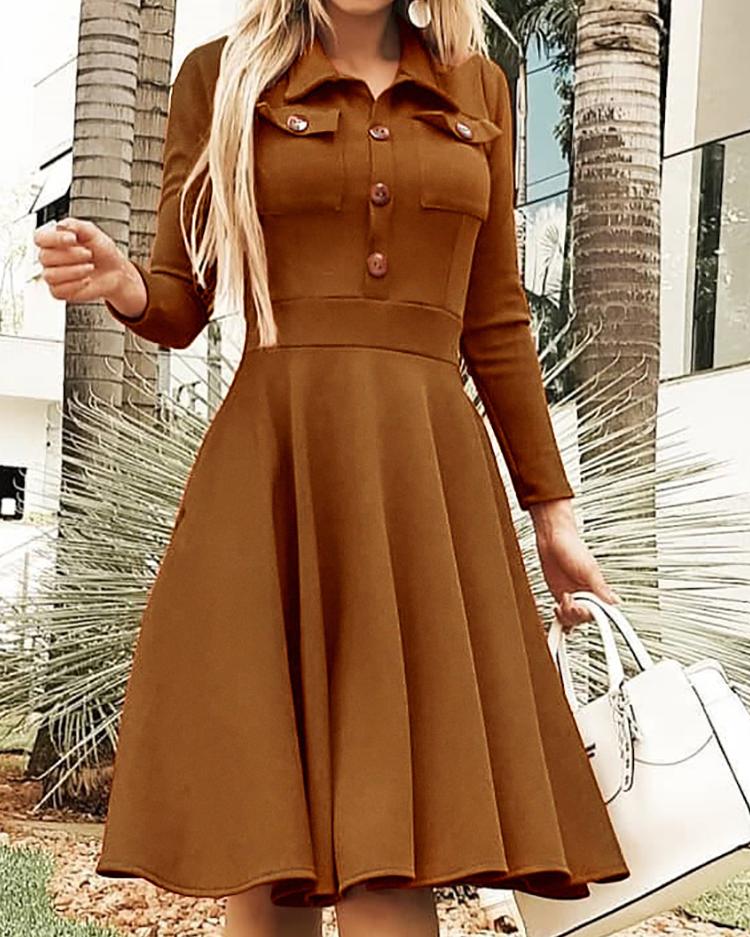

Solid Button Design Pleated Casual Dress, Brown