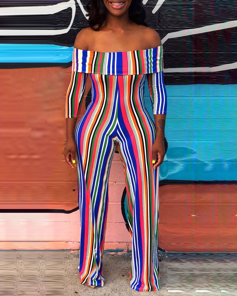 

Off Shoulder Colorful Striped Casual Jumpsuit, Multicolor