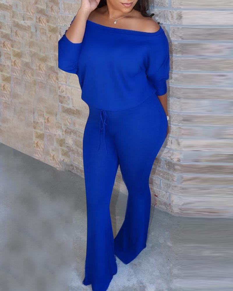 

Solid Off Shoulder Drawstring Bell-bottom Jumpsuit, Blue