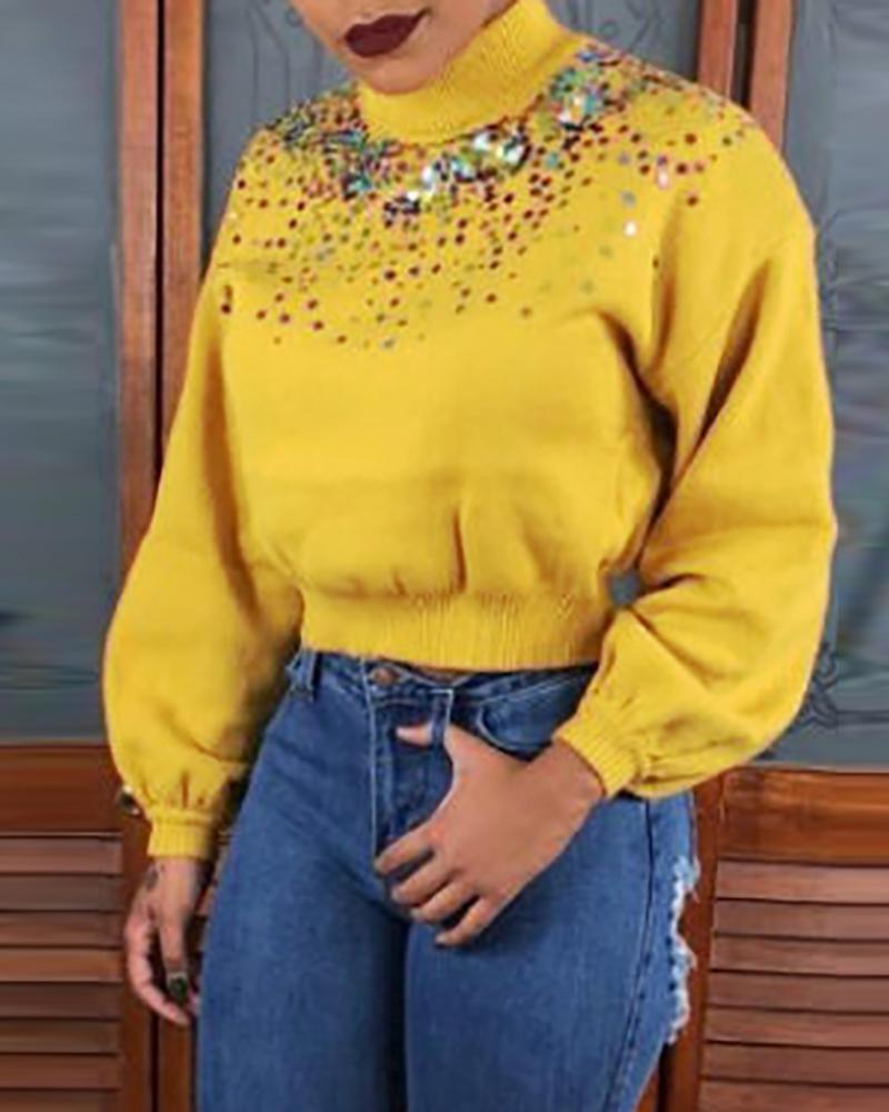 

Sequins Detail Long Sleeve Casual Sweatshirt, Yellow