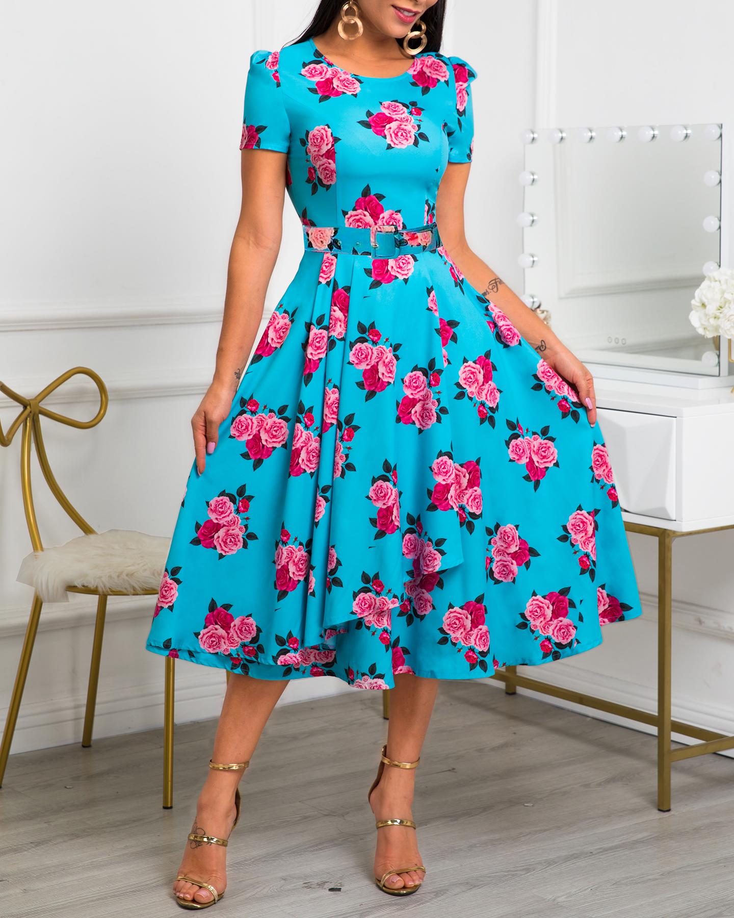 

Floral Print O Neck Belted Pleated Casual Dress