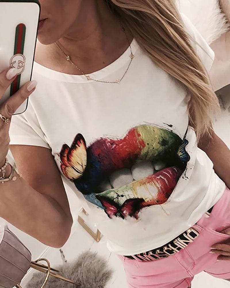 

Round Neck Lip Print T-shirt, White