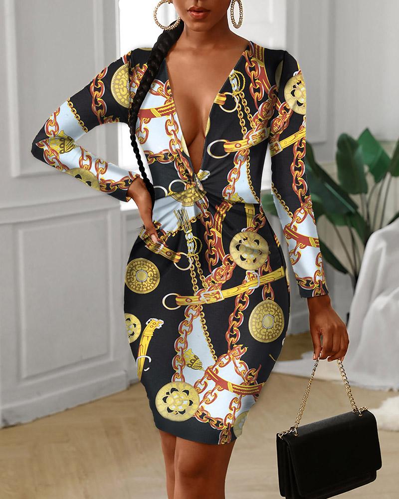 

Chain Print Twist Front Long Sleeve Dress, Multicolor