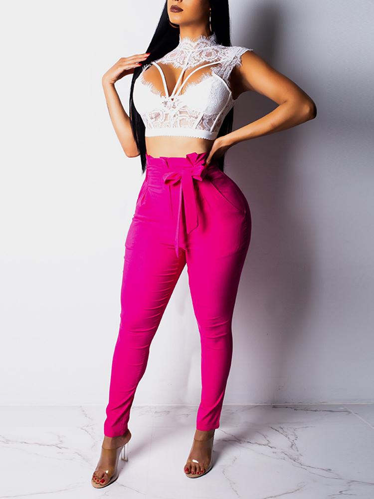 

High Waist Belted Pencil Pants, Hot pink