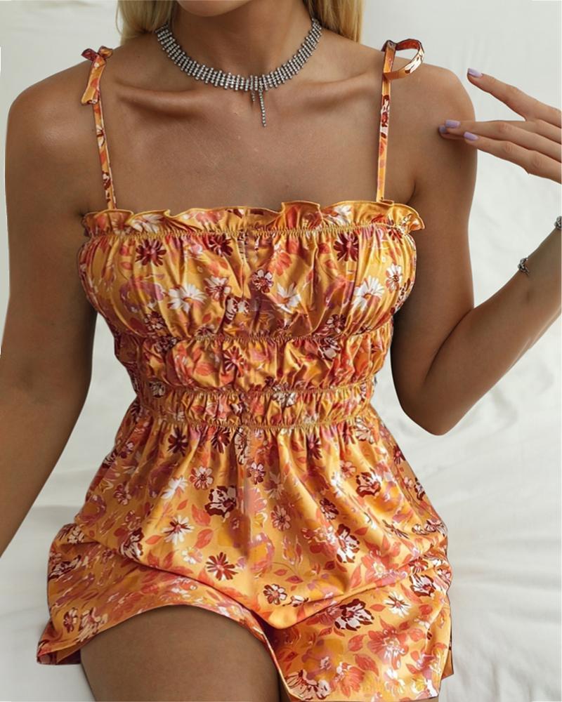 

Spaghetti Strap Floral Print Ruched Dress, Yellow