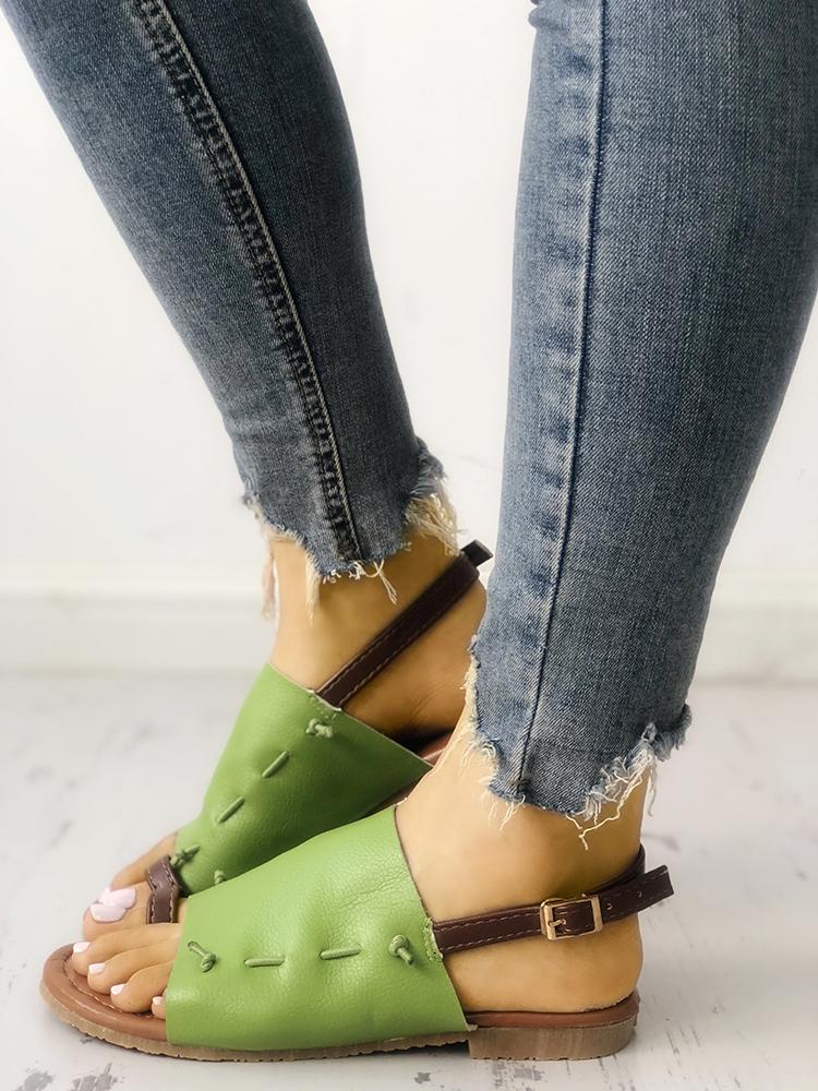 

Thread Design Toe Ring Buckled Flat Sandals, Beige;pink;green;blue