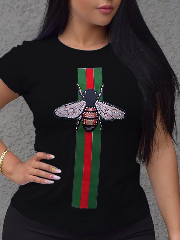 

Fashion Striped&Bee Print Casual T-shirt, Black