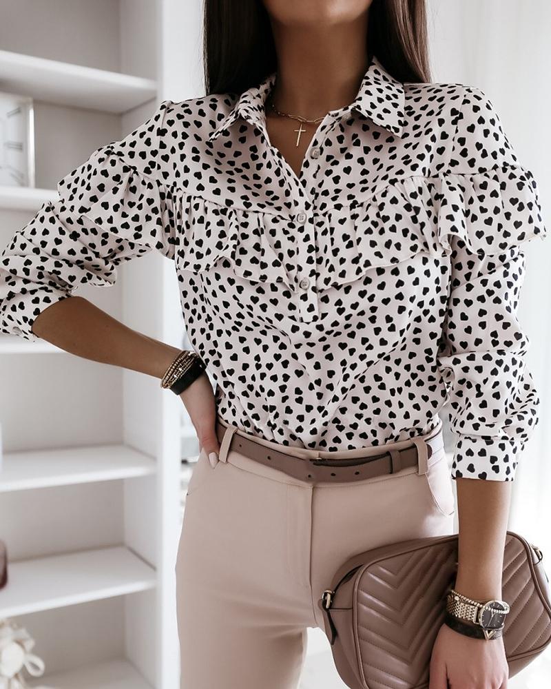 

Heart Print Ruffles Casual Shirt, White