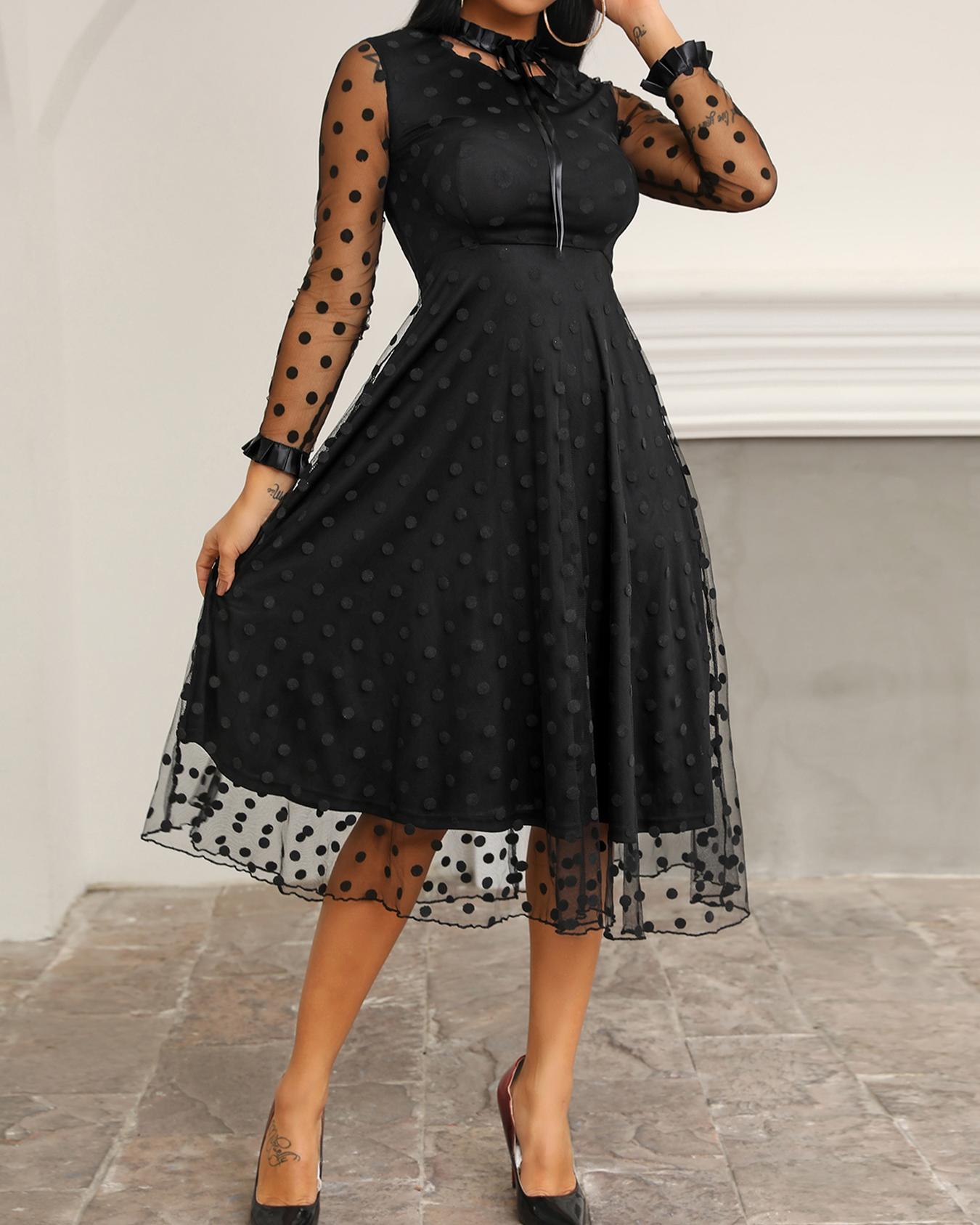 

Polka Dot Sheer Mesh Long Sleeve Dress, Black