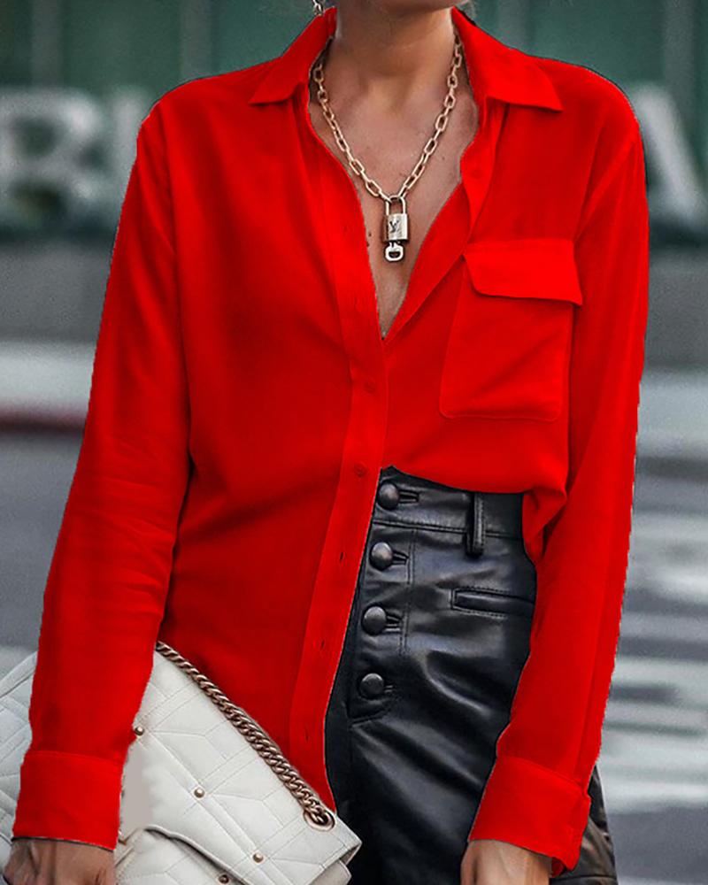 

Pocket Design Buttoned Long Sleeve Shirt, Red