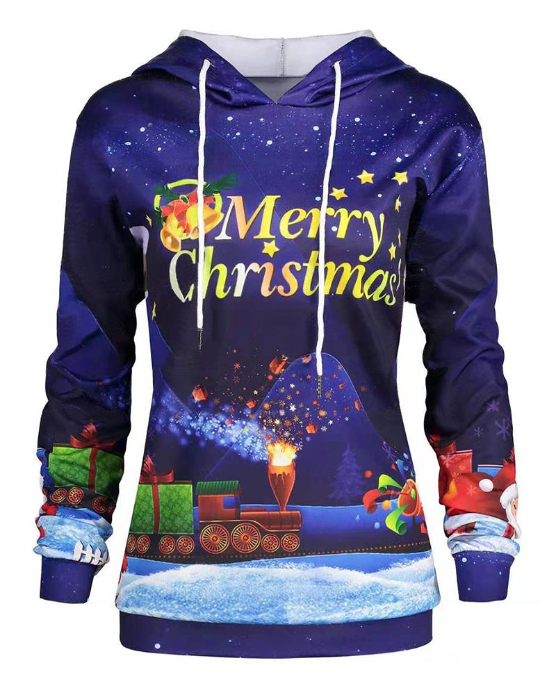 

Christmas Print Long Sleeve Casual Hoodie, Blue