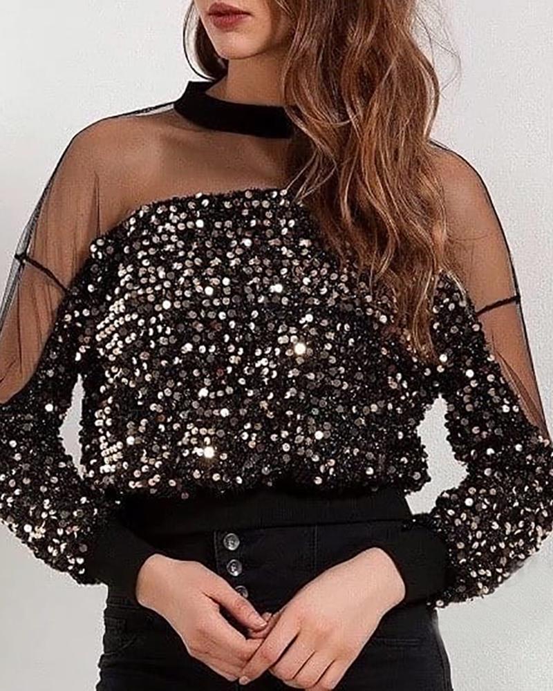 

Mesh Sequin Patchwork Long Sleeve Blouse, Black