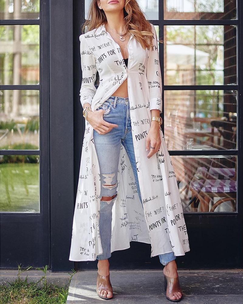 

Letter Print Buttoned Longline Shirt Dress, White