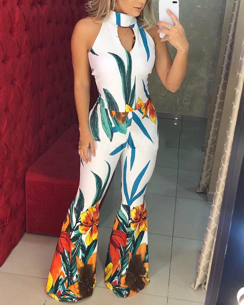 

High Neck Tropical Print Bell-Bottom Jumpsuit