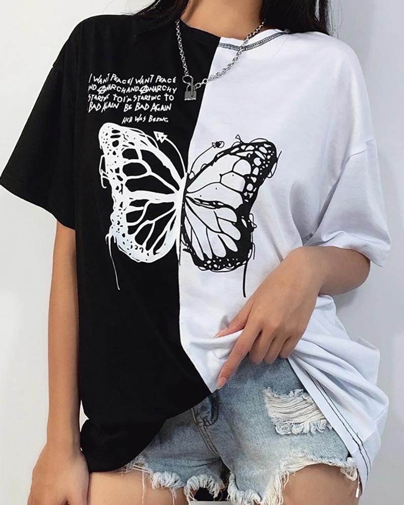 

Colorblock Butterfly Print Short Sleeve Casual T-shirt, Black