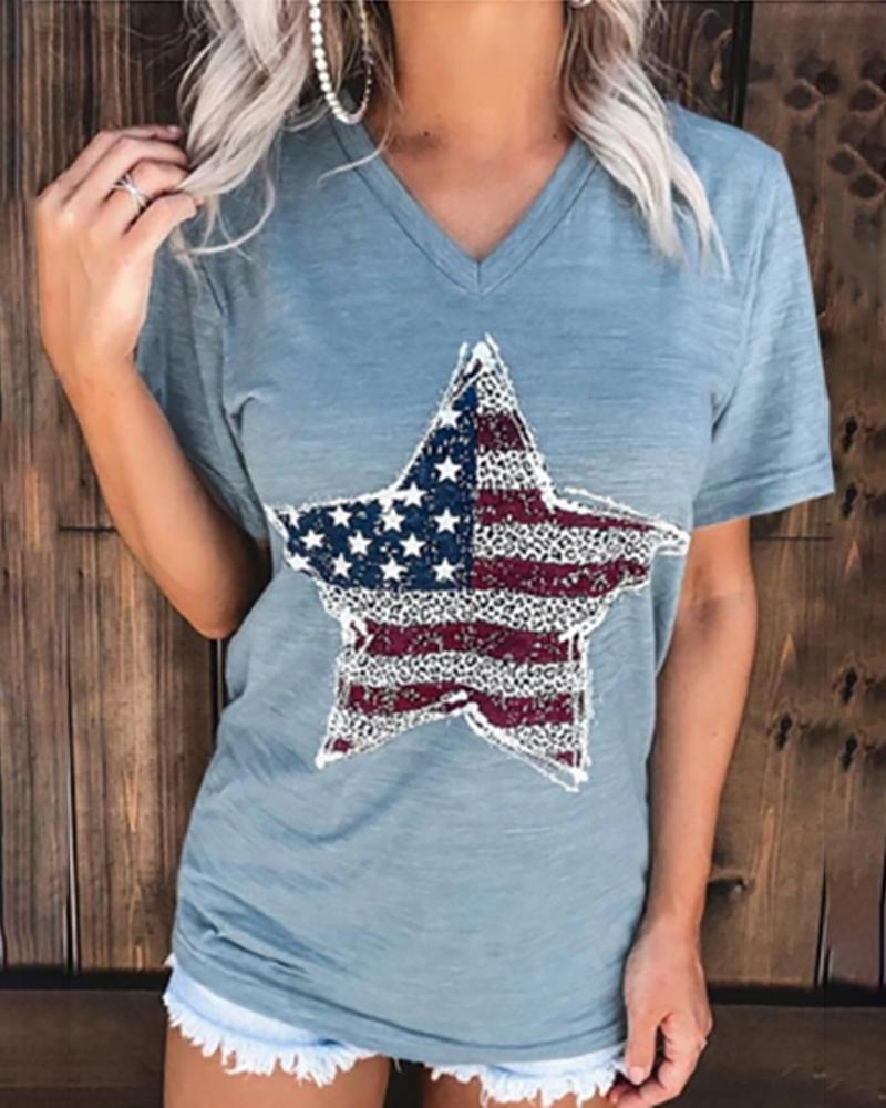 

Star Flag Print Short Sleeve Casual T-shirt, Blue