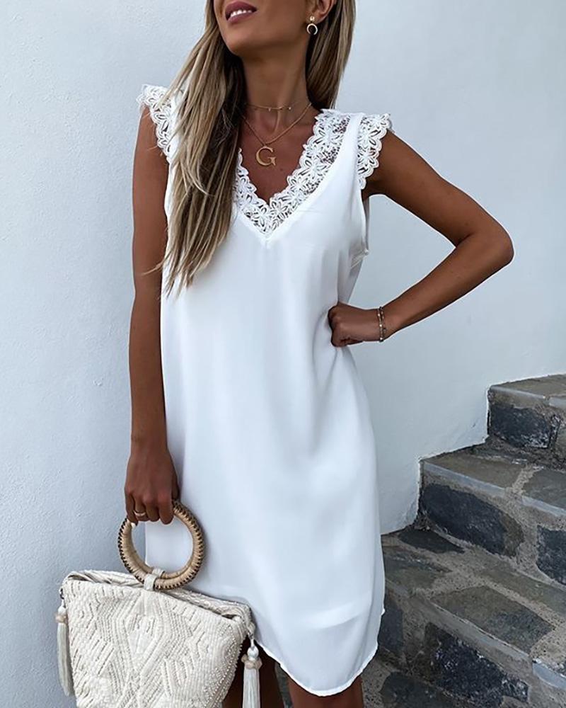 

Lace Trim Backless Casual Dress, White
