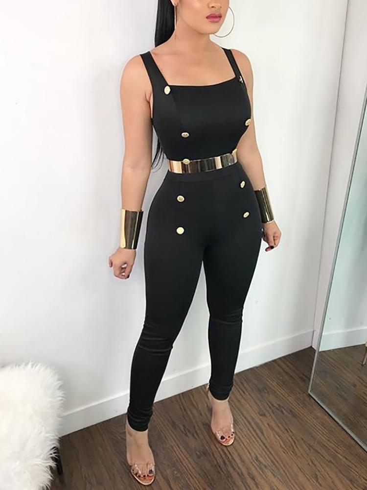

Button Design Zipper Back Slinky Jumpsuit, Black