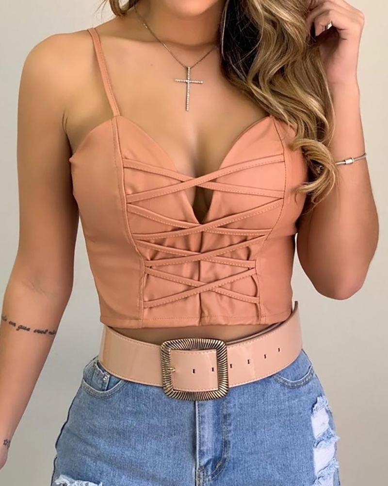 

Spaghetti Strap Plain Lace-up Crop Top, Pink