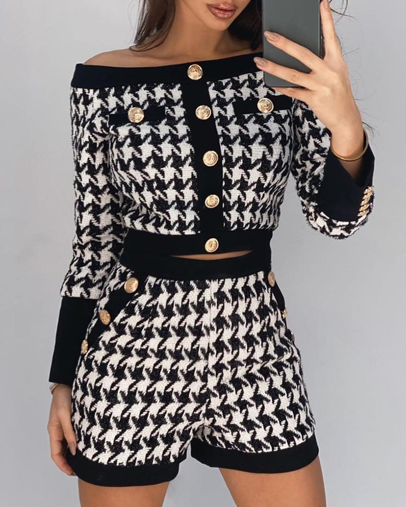 

Grid Long Sleeve Crop Top & Shorts Sets, Black