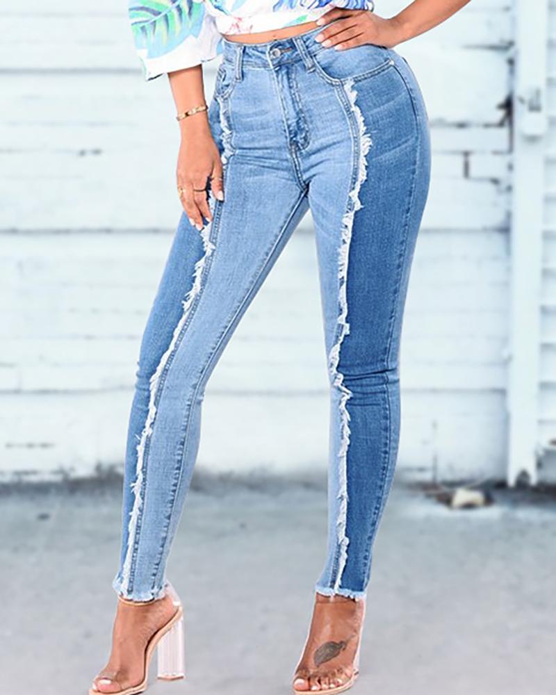 

Tassel Detail Colorblock Insert Denim Pants, Blue
