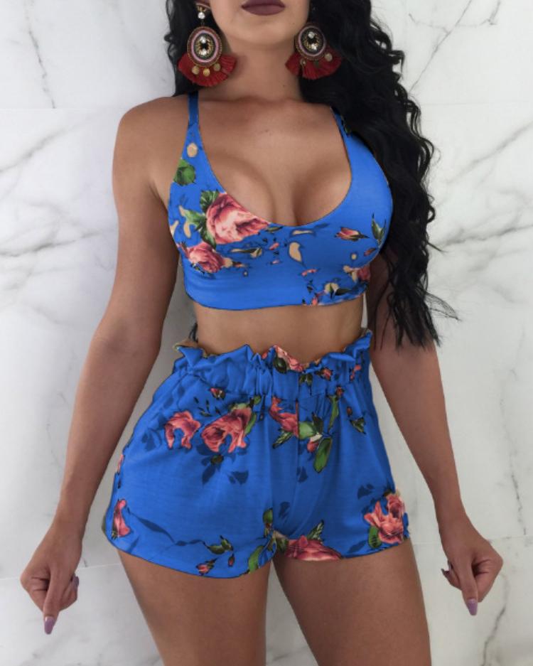 

Floral Tied Back Top and Shorts Set, Blue