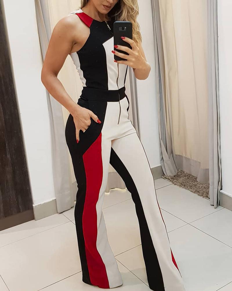 

Colorblock Zipper Up Sleeveless Jumpsuit, Red