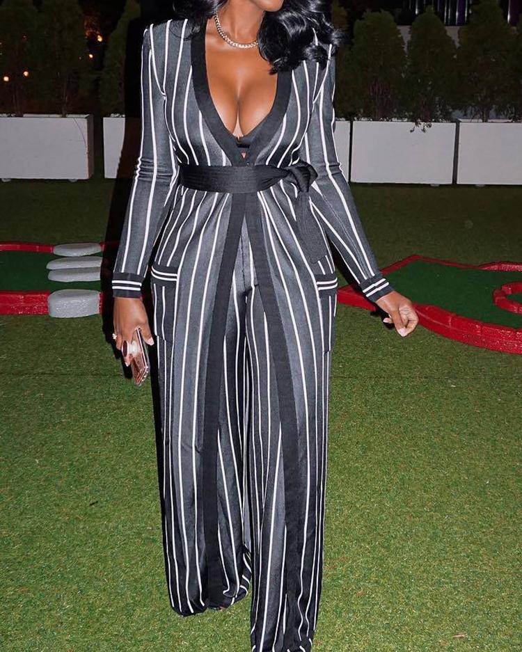 

Striped Longline Belted Coat & Pants Set
