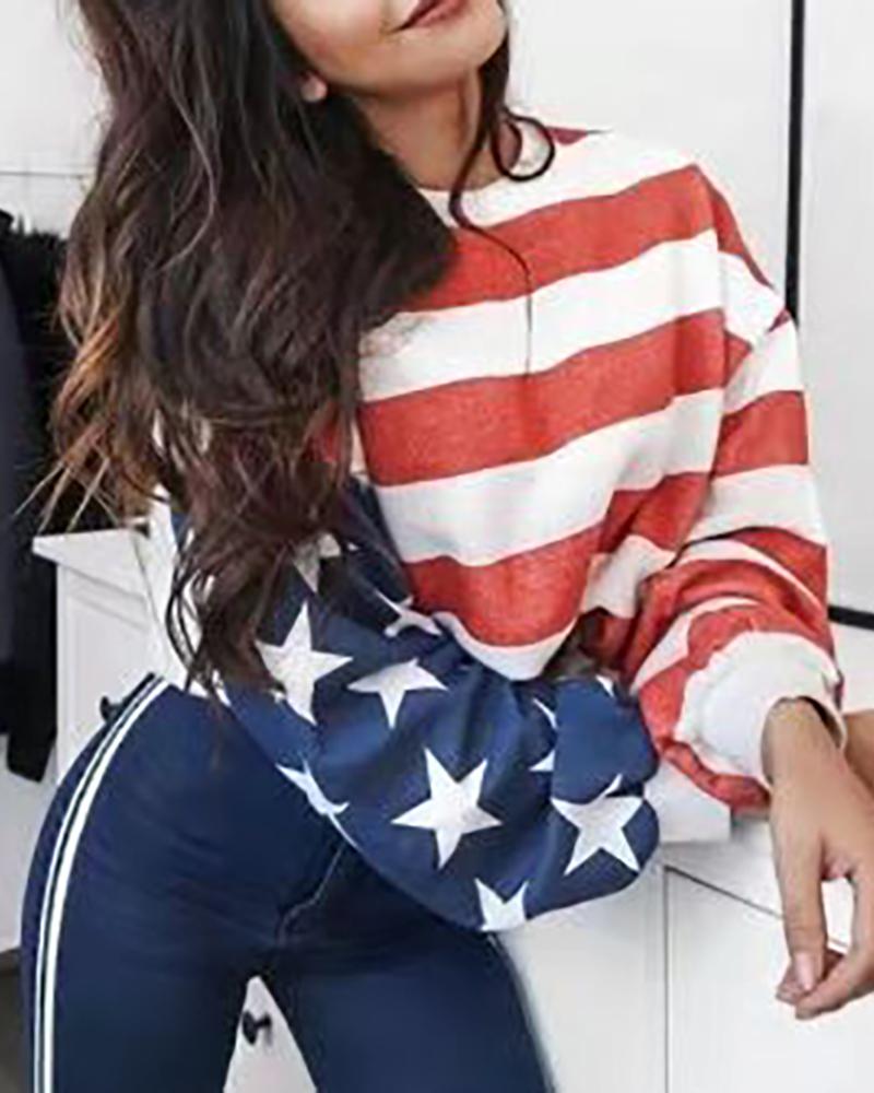 

Flag Print Long Sleeve Casual Sweatshirt, Red