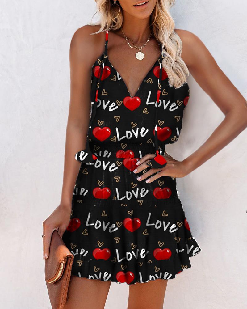 

Heart And Letter Print Skinny Waist Sling Mini Dress, Black