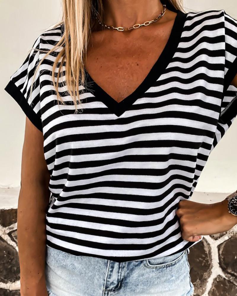 

Striped Colorblock Contrast Binding Casual T-shirt, Black