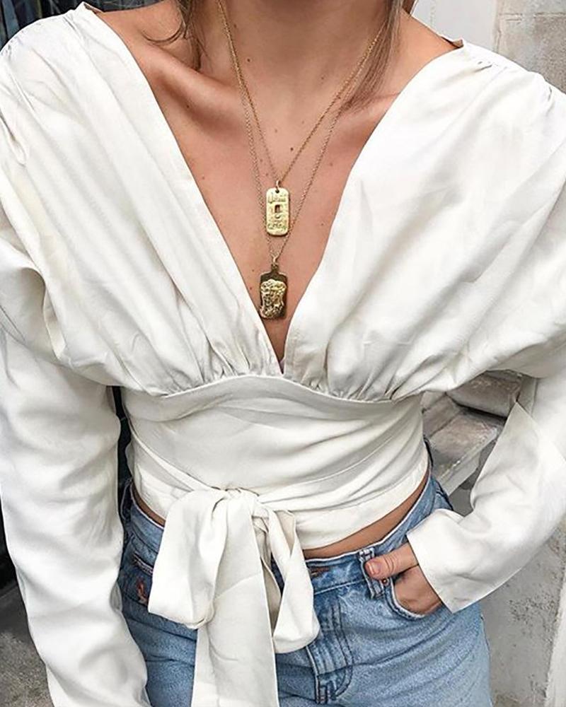 

V Cut Front Knot Blouse, White