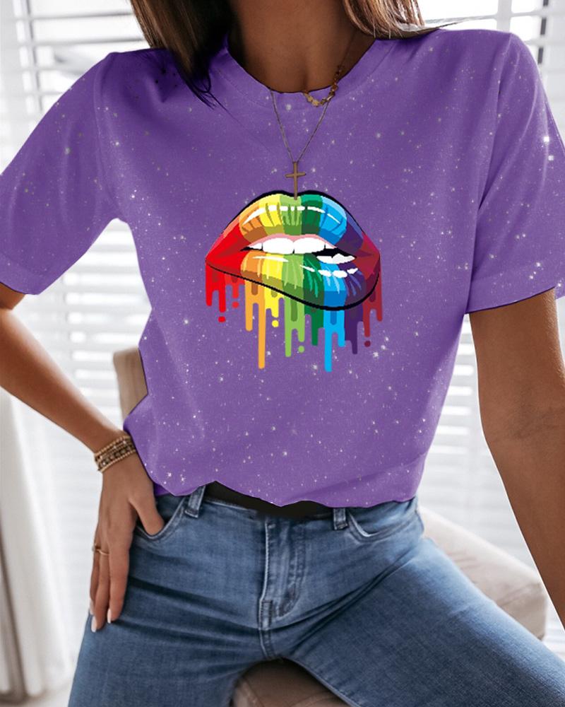 

Short Sleeve Lip Print Casual T-Shirt, Purple