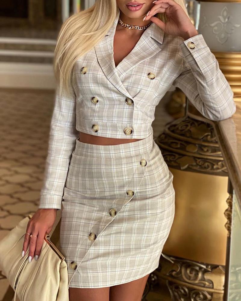 

Button Design Plaid Crop Top & High Waist Skirt Set, Apricot