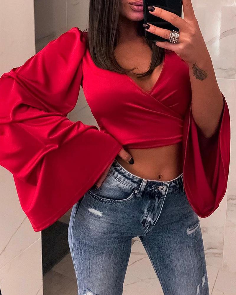

Plain Puff Sleeve Wrap Crop Top, Red