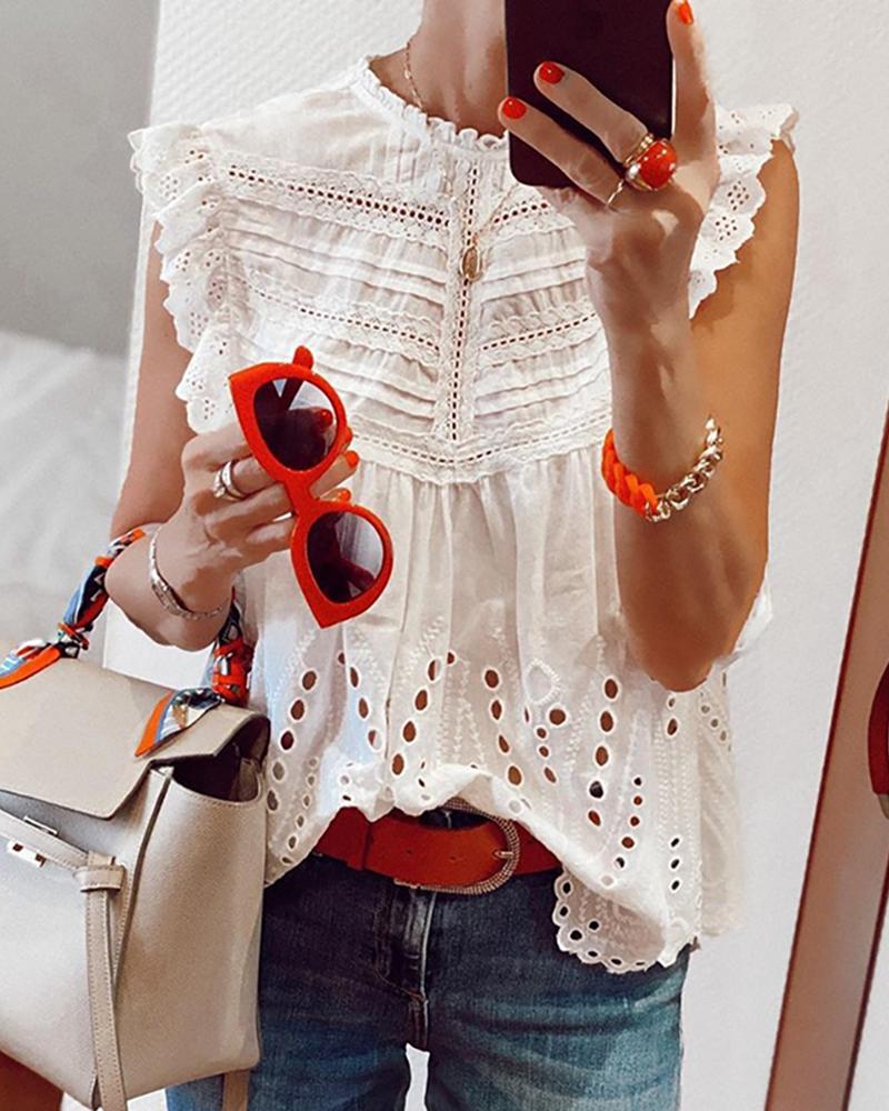 

Lace Insert Hollow Out Casual Top, White
