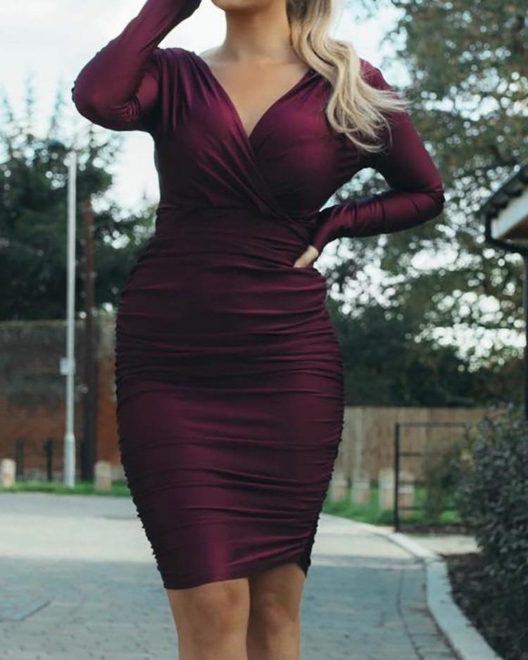 

Ruched Wrap Long Sleeve Dress, Purple