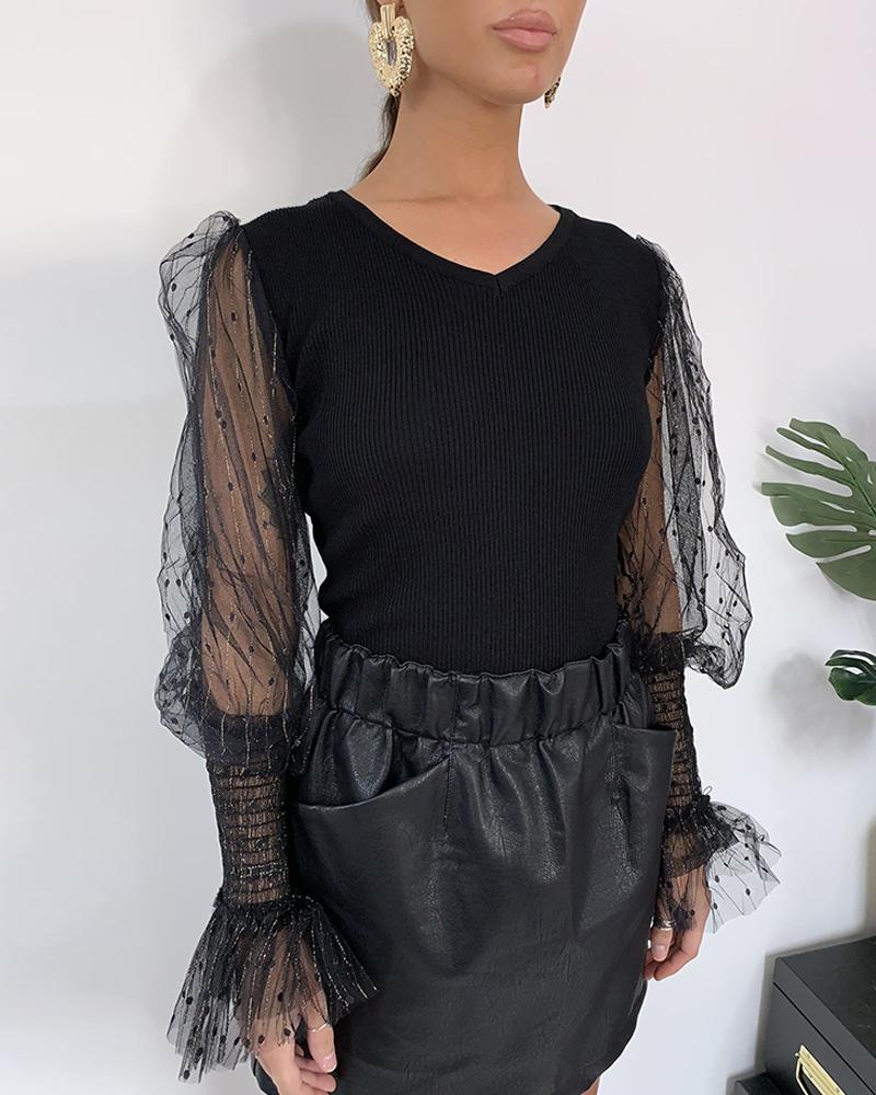 

Puff Sleeve Bell Cuff Sheer Mesh Insert Ribbed Blouse, Black