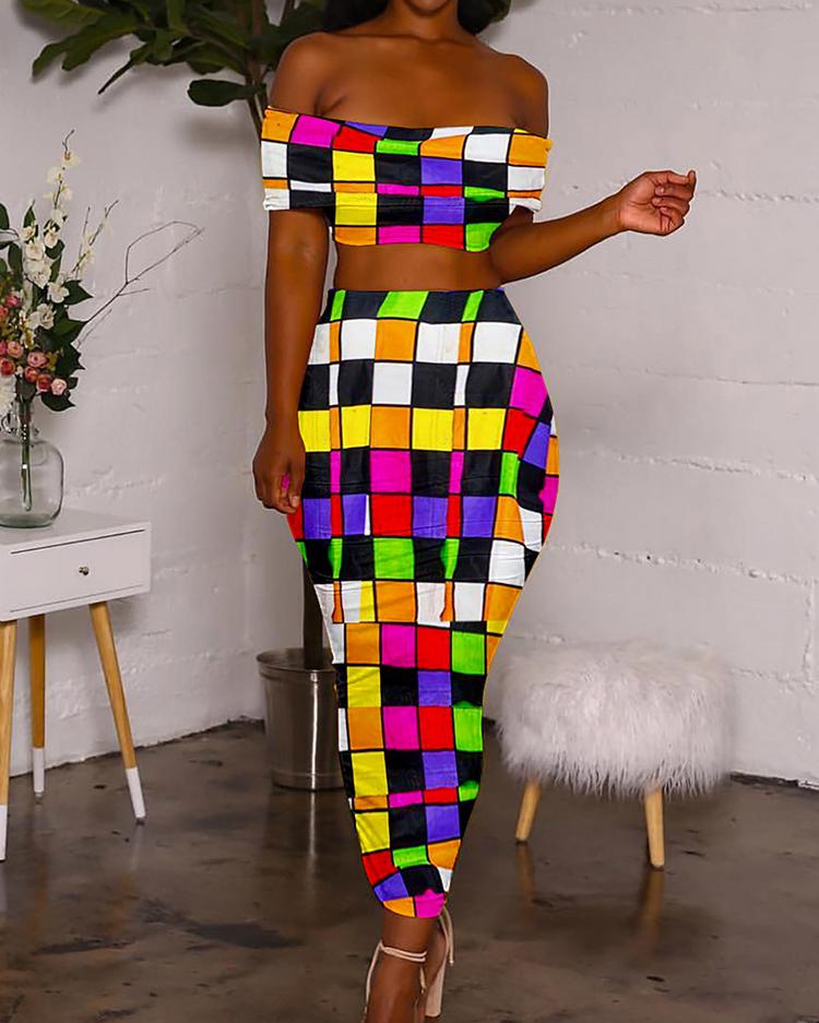 

Digital Print Off Shoulder Top With Slinky Skirt Sets