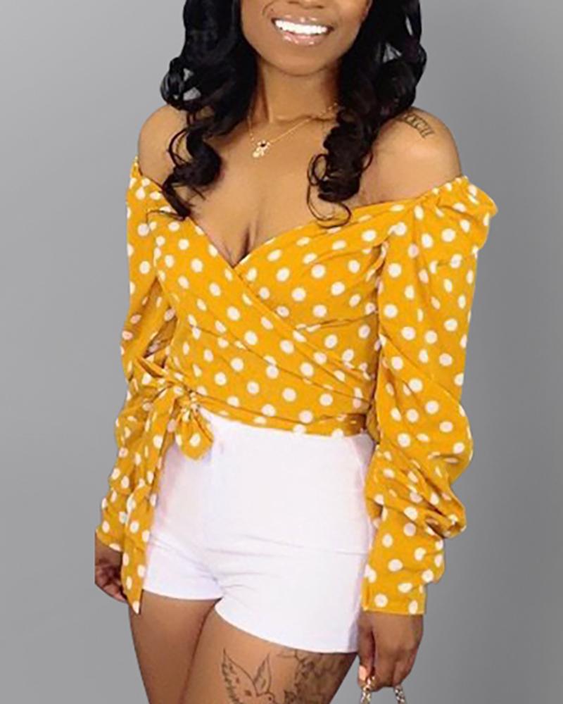 

Dots Print Off Shoulder Wrap Tie Side Top