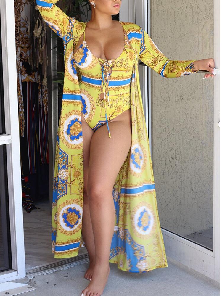 

2PCs Lace-up Print One-piece Swimwear Cover Ups, Yellow
