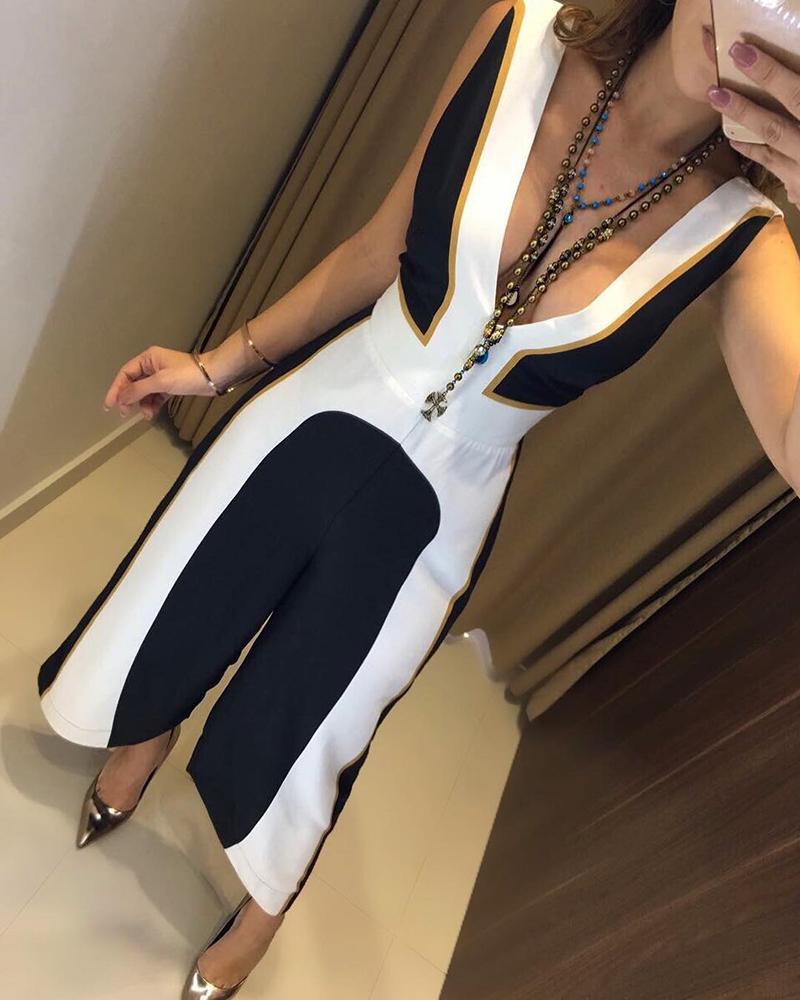 

Sleeveless Plunge Contrast Color Jumpsuits, Black
