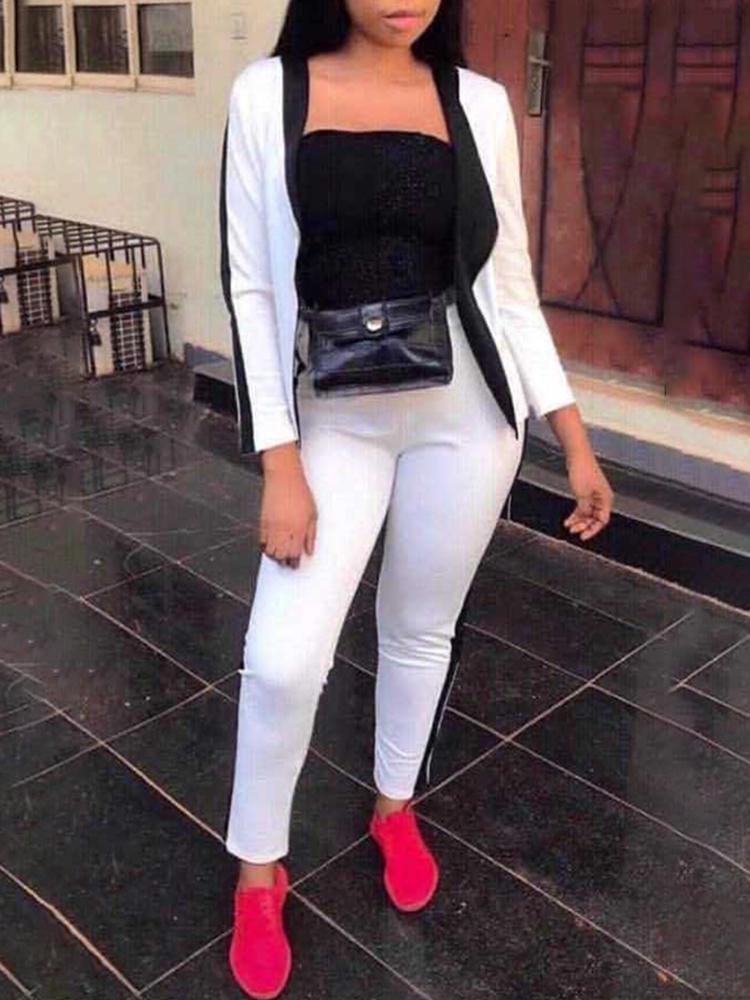 

Contrast Binding Open Front Coat & Striped Tape Pants Set, White