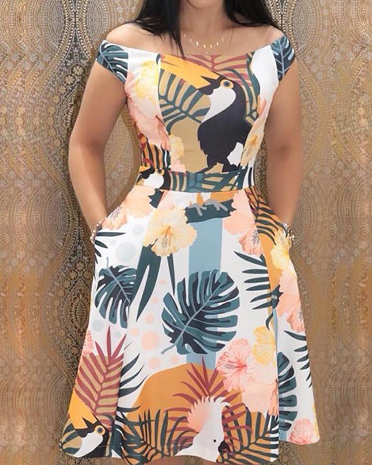 

Leaf Print Off Shoulder Pocket Casual Dresses, White