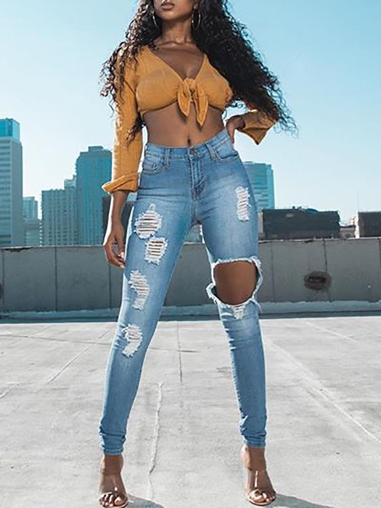 

Solid Holey Ripped Slinky Jeans, Blue
