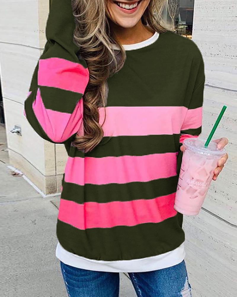 

Striped Colorblock Round Neck Long Sleeve Sweatshirt, Army green