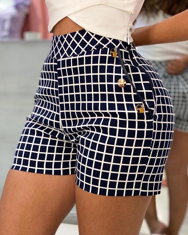 

Grid Design Pockets Casual Shorts, Purplish blue