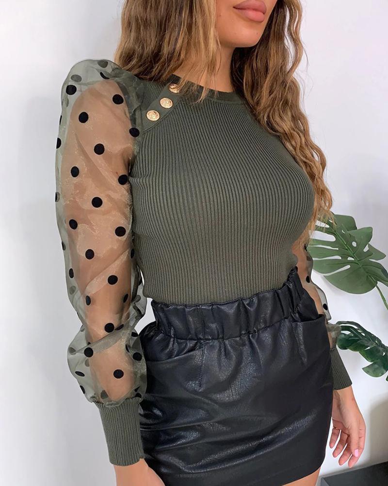 

Dot Sheer Mesh Puffed Sleeve Blouse, Green